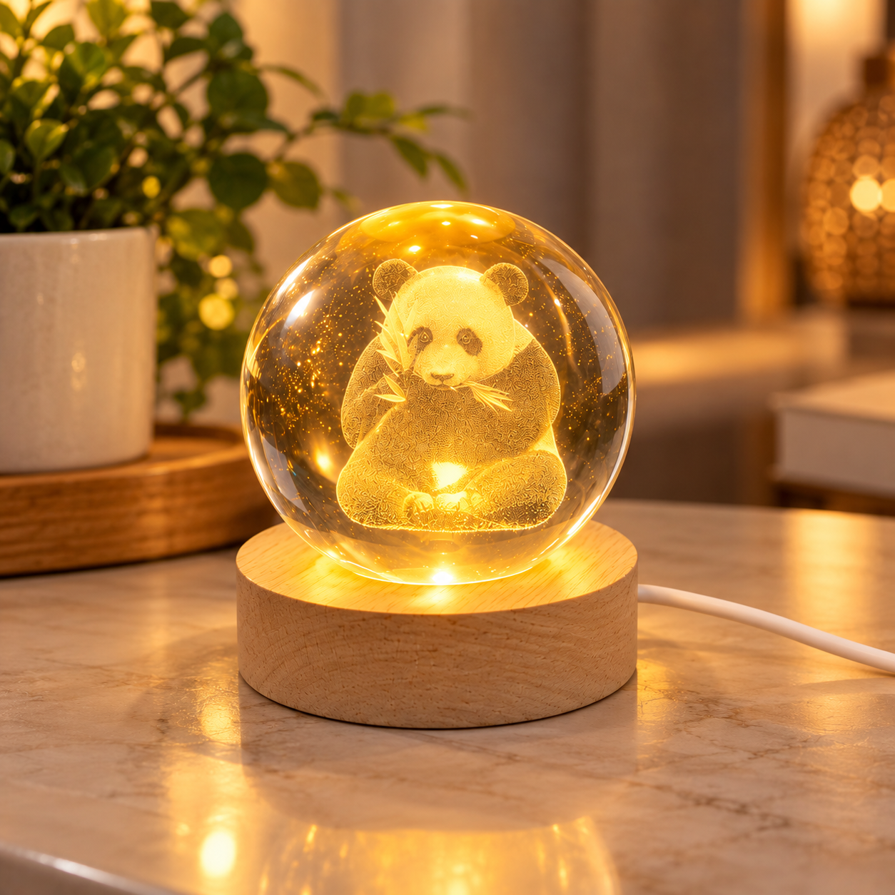 3D Crystal Ball Night Light with Wooden LED Base - Cute Panda