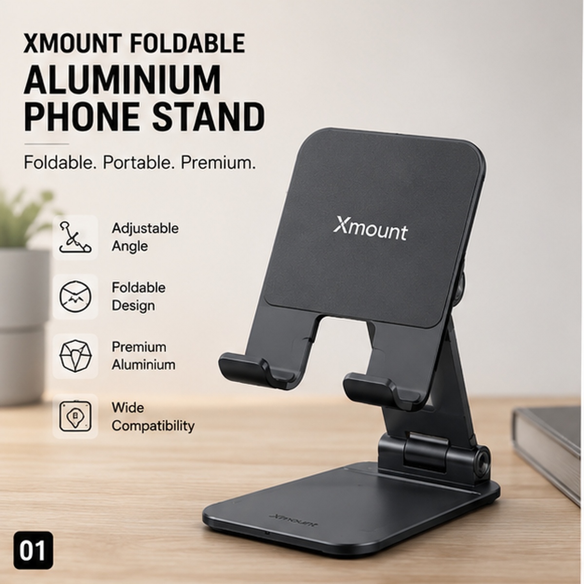 Xmount Foldable Aluminium Phone Stand – Adjustable Desktop Mobile Holder