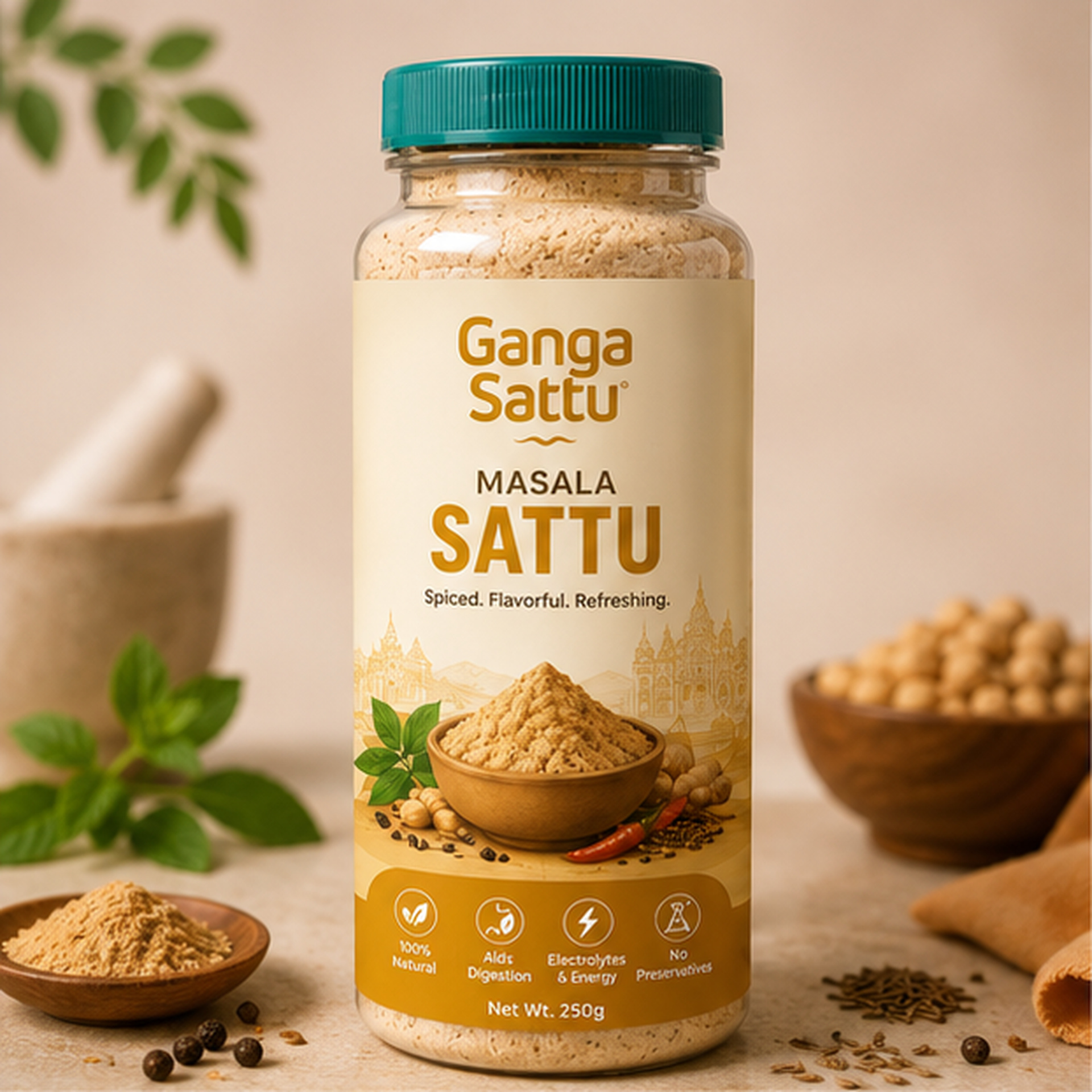 Ganga Sattu™ Masala Sattu | Spiced Roasted Chana Drink | 100% Natural | Refreshing & Flavourful | 250g