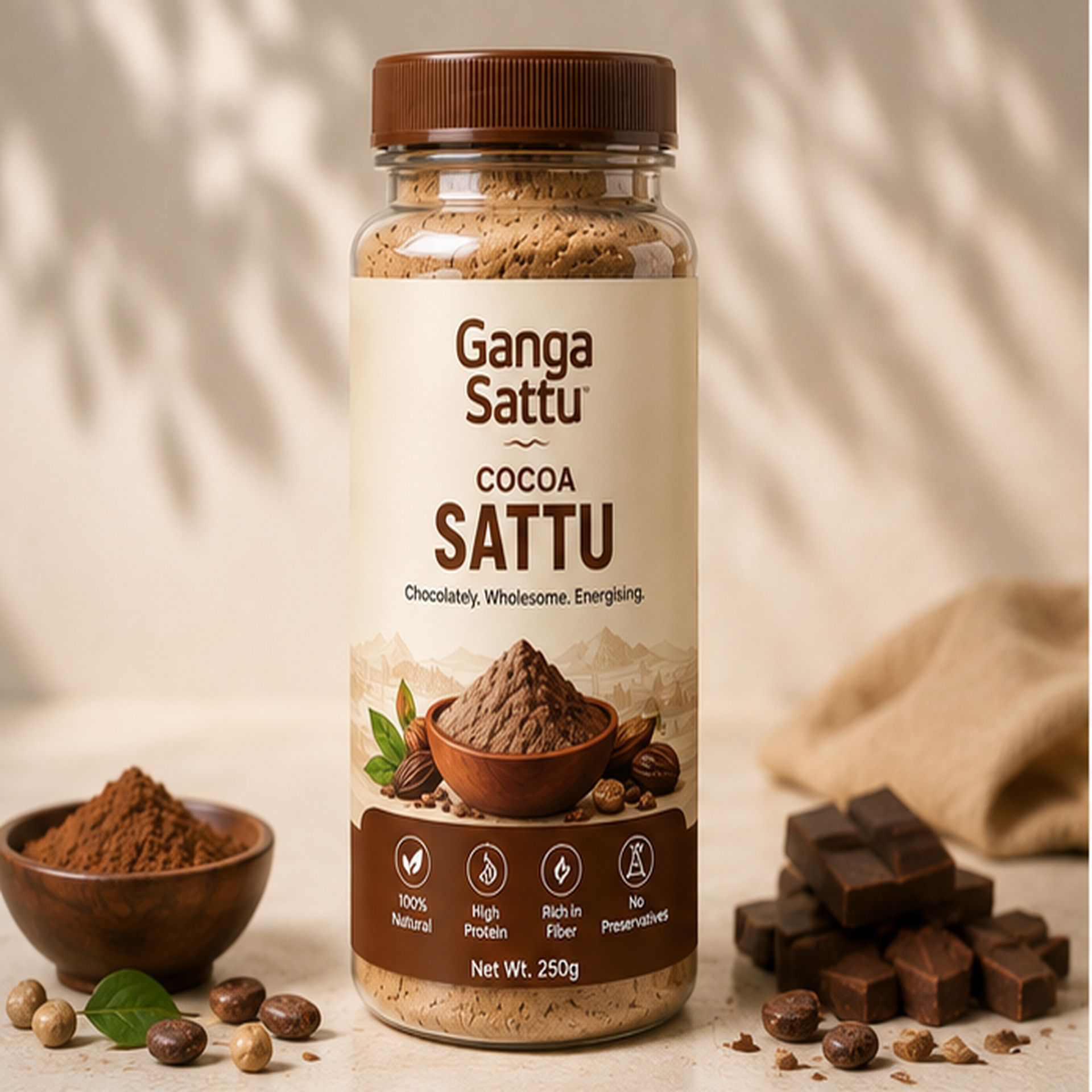 Ganga Sattu™ Cocoa Sattu | Chocolate Flavoured Roasted Chana Superfood | Plant Protein & Fibre | 250g