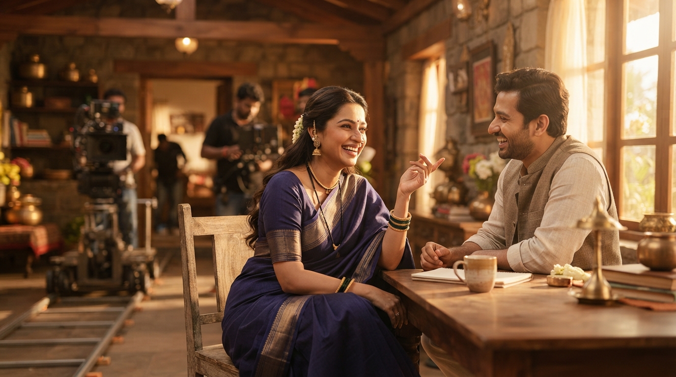 Golden hour shot of a silk Paithani saree draped elegantly with temple jewellery on a wooden chair.